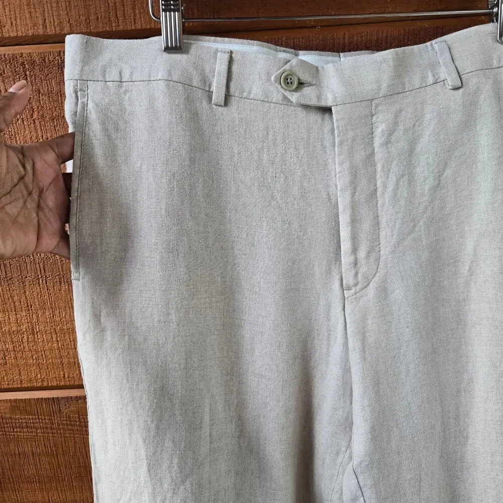 Nordstrom Men's Linen Pants 36W Flat Front Dress Trousers Beige Lightweight